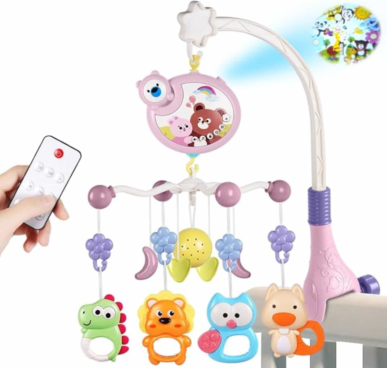 Babybedmobile met muziek, verlichting en projector, roze met afstandsbediening
