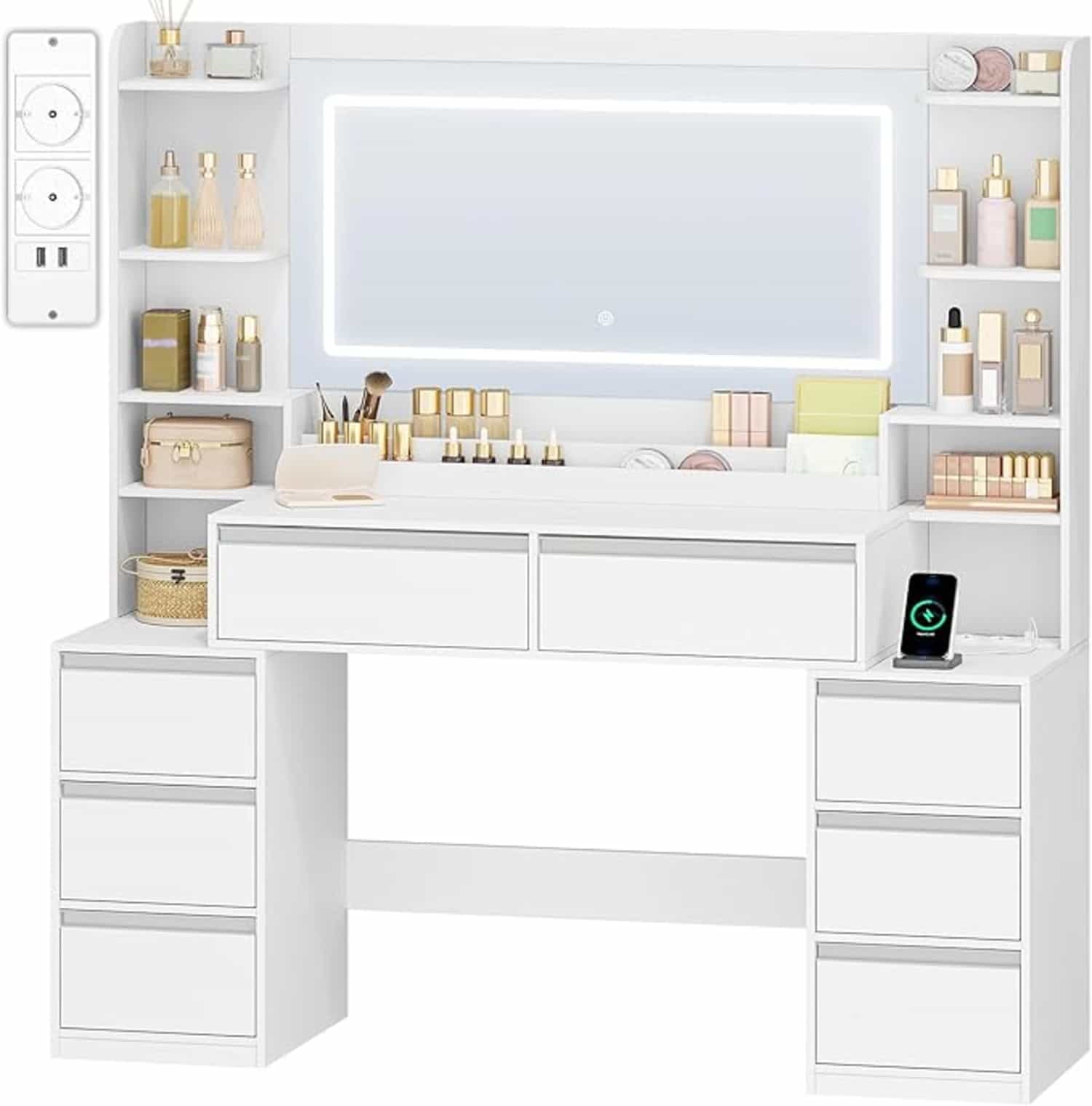 Grote kaptafel met 3-kleuren LED-verlichting, spiegel, stopcontacten en haardrogerhouder, 8 laden en open opbergruimtes, wit-zilver