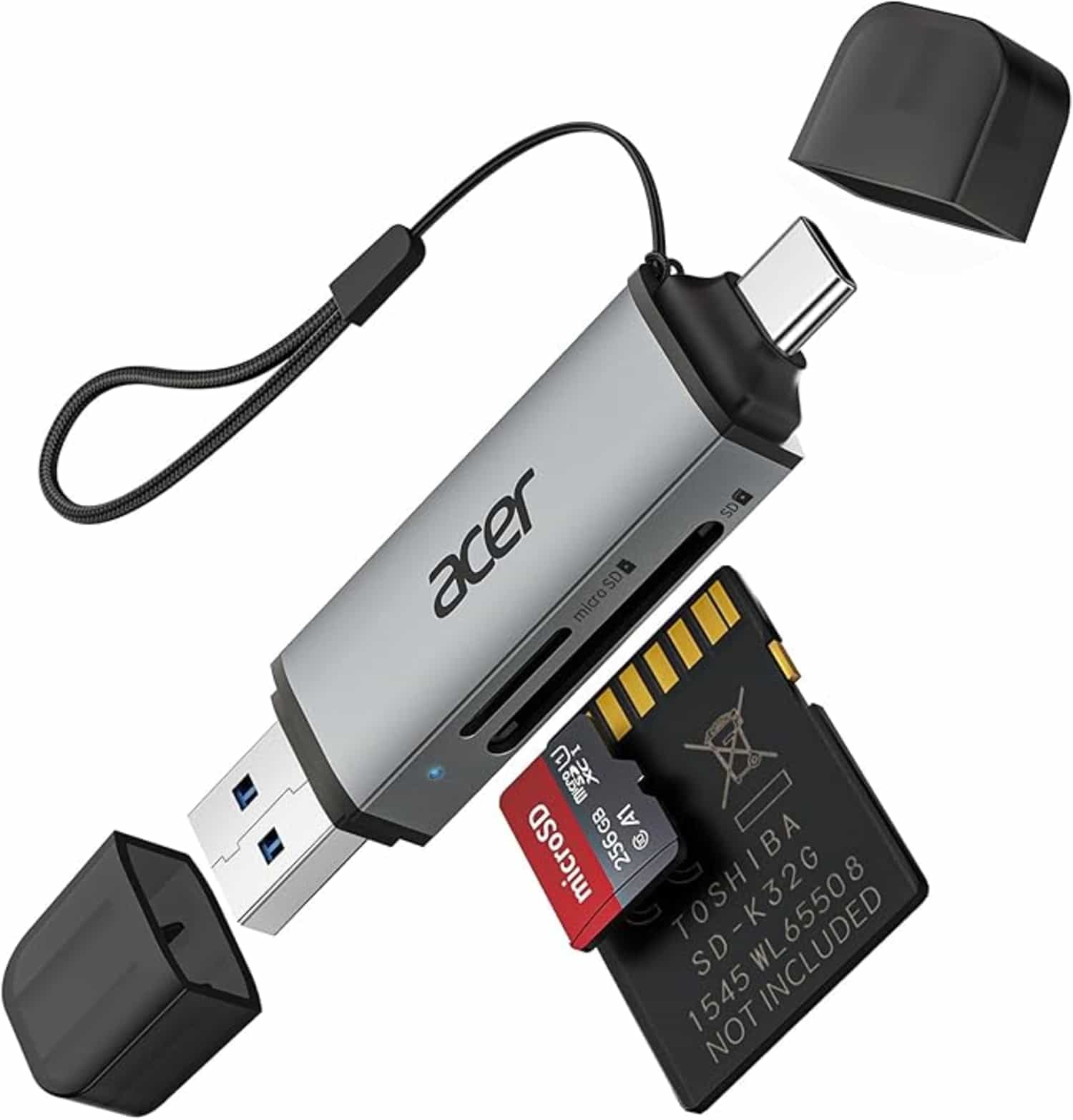 Acer SD-kaartlezer met dubbele USB 3.0 en USB-C OTG, aluminium, compatibel met SD/Micro SD/TF/SDHC/SDXC, Android/Windows/macOS/iPhone