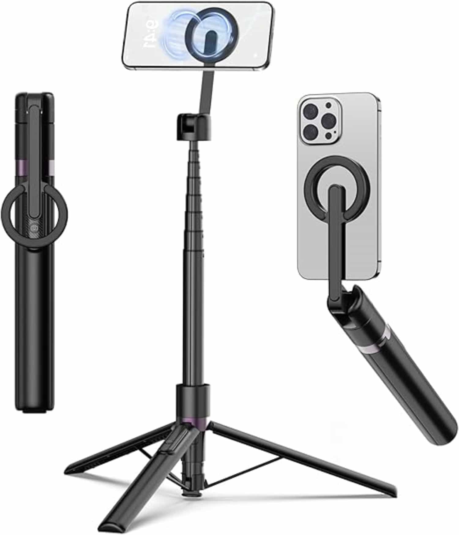 Toneof 173 cm magnetische selfiestick met telefoonhouder, 360° draaibaar, reisstatief