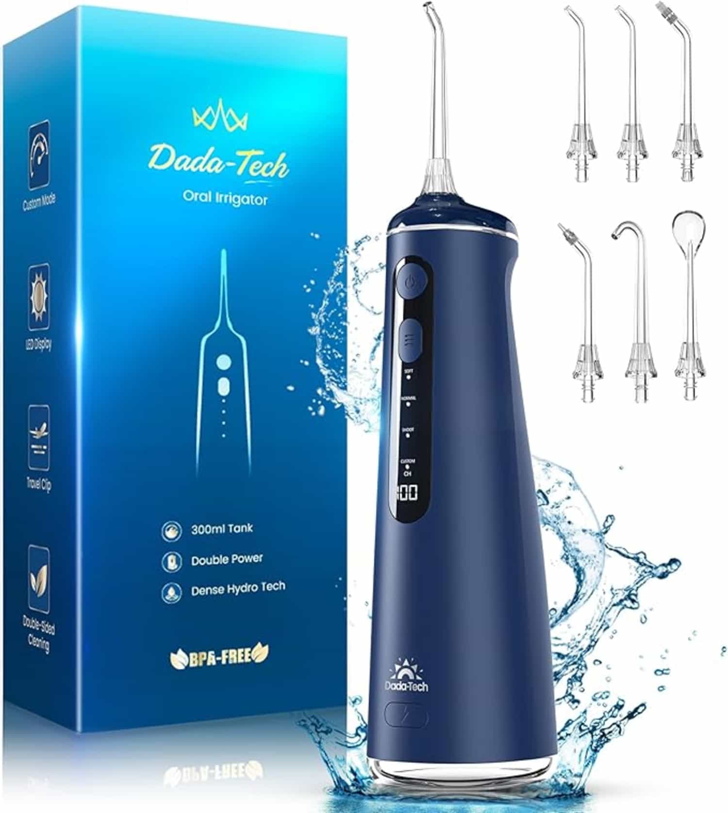 Draadloze waterflosser met 4 modi en 8 niveaus, 7 sproeiers, 300 ml, blauw