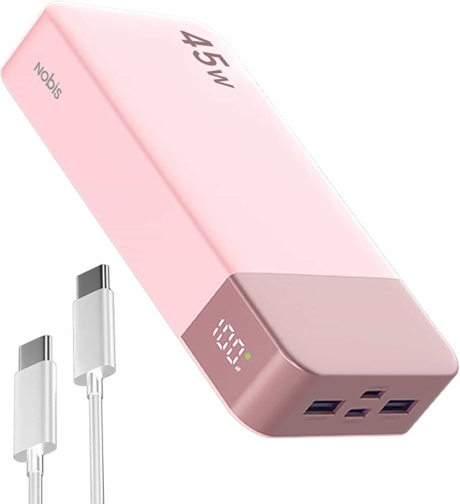 Nobis 45W powerbank met 20000mAh, USB-C snelladen, LED display, 4 poorten, roze